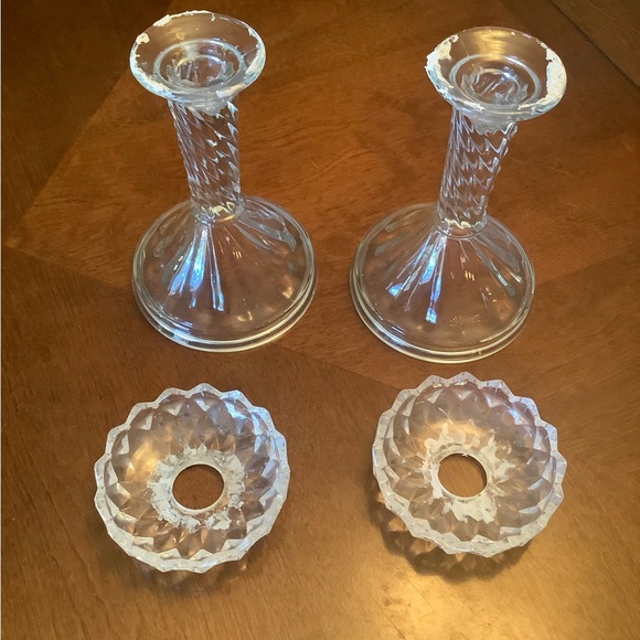 Vintage Pressed Glass Candlesticks with Bobeches Faceted Stem Set of 2 – 6.5”